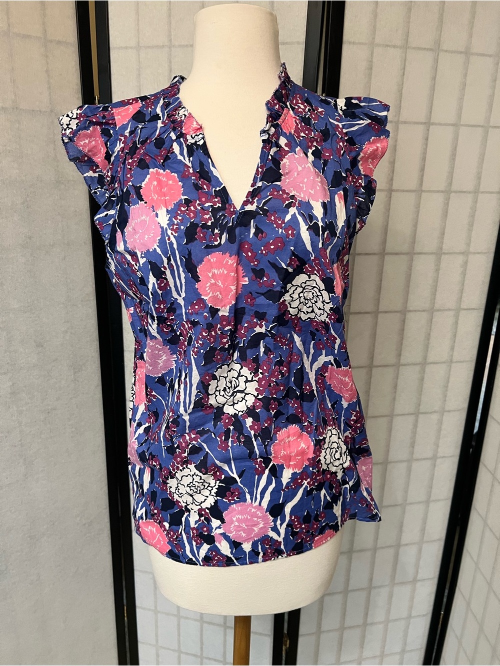 Talbots Blue Floral Flutter Sleeve V-Neck Blouse